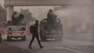 An anti-smog gun sprays water into the atmosphere to reduce dust pollution at Anand Vihar in New Delhi in January 2024. (Sakib Ali/HT Photo) An anti-smog gun sprays water into the atmosphere to reduce dust pollution at Anand Vihar in New Delhi in January 2024. (Sakib Ali/HT Photo)