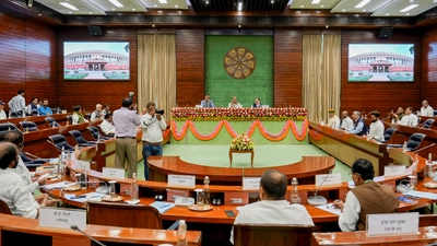 Defence Minister Rajnath Singh, Union Minister for Parliamentary Affairs Kiren Rijiju and Union Minister JP Nadda during the all-party meeting ahead of the Budget session of Parliament, in New Delhi, Sunday. (PTI) Defence Minister Rajnath Singh, Union Minister for Parliamentary Affairs Kiren Rijiju and Union Minister JP Nadda during the all-party meeting ahead of the Budget session of Parliament, in New Delhi, Sunday. (PTI)