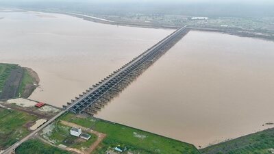 Flooded Godavari river due to continuous rains, at Kaleshwaram Project in Bhupalapally district on Saturday. (PTI) Flooded Godavari river due to continuous rains, at Kaleshwaram Project in Bhupalapally district on Saturday. (PTI)