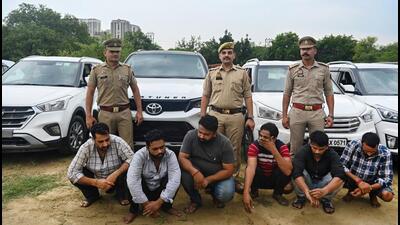 Following the arrest, 10 four-wheelers, including the Fortuner Legender, Tata Sumo, four Hyundai Creta, Maruti Brezza, Maruti Ritz, Maruti Eeco and a Maruti Swift were recovered from the suspects. (Sunil Ghosh/HT Photo) Following the arrest, 10 four-wheelers, including the Fortuner Legender, Tata Sumo, four Hyundai Creta, Maruti Brezza, Maruti Ritz, Maruti Eeco and a Maruti Swift were recovered from the suspects. (Sunil Ghosh/HT Photo)