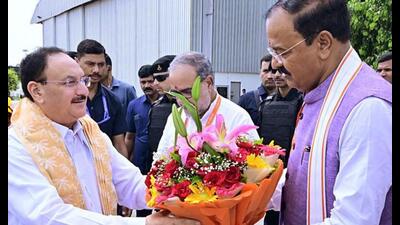 JP Nadda receives a warm welcome from UP deputy chief minister Keshav Prasad Maurya on his arrival at Amausi Airport, in Lucknow recently. (ANI Photo) JP Nadda receives a warm welcome from UP deputy chief minister Keshav Prasad Maurya on his arrival at Amausi Airport, in Lucknow recently. (ANI Photo)