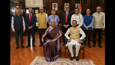 New Delhi: Union Finance Minister Nirmala Sitharaman with Pankaj Chaudhary and full budget team during giving final touches to the Union Budget, in New Delhi, Monday, July 22, 2024. (PTI Photo/Shahbaz Khan)(PTI07_22_2024_000234B) (PTI)