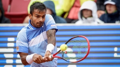 India's Sumit Nagal complaint about the court conditions to chair umpire. (AFP) India's Sumit Nagal complaint about the court conditions to chair umpire. (AFP)