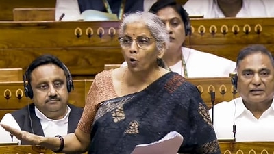 Union finance minister Nirmala Sitharaman speaks in the Lok Sabha during the first day of Parliament’s Budget Session on Monday. (PTI) Union finance minister Nirmala Sitharaman speaks in the Lok Sabha during the first day of Parliament’s Budget Session on Monday. (PTI)