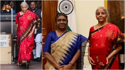 In 2023, the finance minister wore a vibrant red silk saree. The black temple motif borders showcase the Kasuti embroidery from Karnataka's Dharwad region. In 2023, the finance minister wore a vibrant red silk saree. The black temple motif borders showcase the Kasuti embroidery from Karnataka's Dharwad region. 