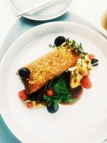 Pork with a crispy skin served with a plum sauce Pork with a crispy skin served with a plum sauce
