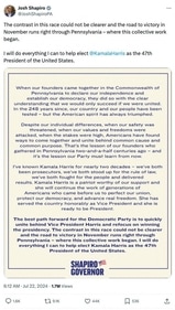 A screenshot shows a post by Pennsylvania Governor Josh Shapiro endorsing Vice President Kamala Harris, after U.S. President Joe Biden announced his withdrawal from the 2024 presidential race and endorsed Harris to be the Democratic presidential nominee, July 21, 2024. Social Media Website/via REUTERS  THIS IMAGE HAS BEEN SUPPLIED BY A THIRD PARTY.? ( via REUTERS)