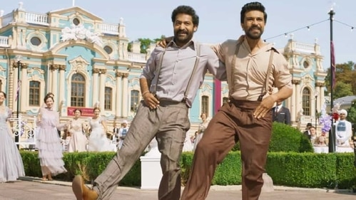A still of Jr NTR and Ram Charan from the Oscar-winning song Naatu Naatu A still of Jr NTR and Ram Charan from the Oscar-winning song Naatu Naatu