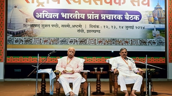 RSS Chief Mohan Bhagwat addresses Akhil Bhartiya Prant Pracharak Baithak, at Sarla Birla School in Ranchi on Friday. (ANI file photo)