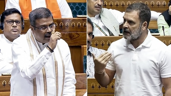 Leader of Opposition in the Lok Sabha Rahul Gandhi (L) and Union minister Dharmendra Pradhan in the House.(ANI) Leader of Opposition in the Lok Sabha Rahul Gandhi (L) and Union minister Dharmendra Pradhan in the House.(ANI)