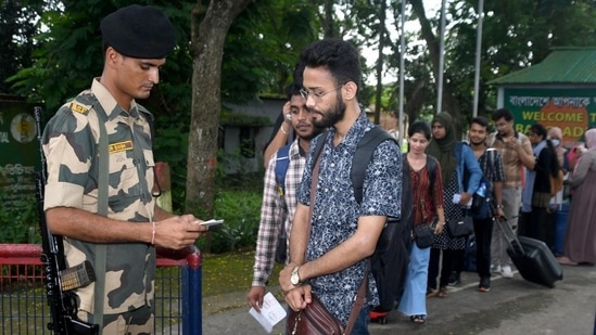 Indian students at Akhaura check post on Tripura border, after they escaped from violence-hit Bangladesh. (PTI)