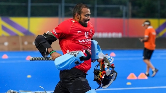 Indian hockey team goalkeeper PR Sreejesh during a training session.(PTI)