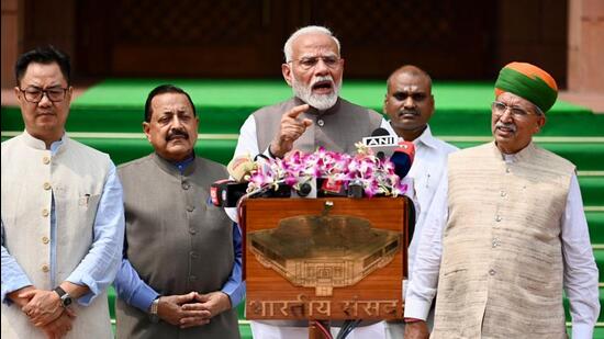 Prime Minister Narendra Modi during his address at the Parliament complex in New Delhi on Monday. (Raj K Raj/ HT Photo)