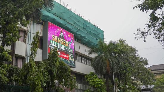 Stock prices displayed on a digital screen at the facade of the Bombay Stock Exchange (BSE) building, in Mumbai, on June 27, 2024. (PTI)