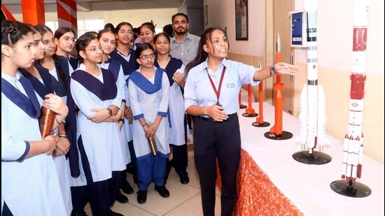 Students during three-day Vikram Sarabhai Space Exhibition of Indian Space Research Organisation (ISRO) at Gulzar Group of Institutions, Khanna in district Ludhiana on Monday. (HT Photo)