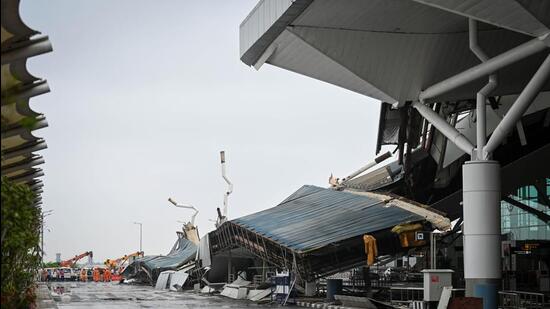The portion of the roof collapsed during heavy rainfall on June 28. (Sanchit Khanna/HT Photo) The portion of the roof collapsed during heavy rainfall on June 28. (Sanchit Khanna/HT Photo)