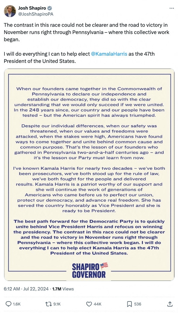 A screenshot shows a post by Pennsylvania Governor Josh Shapiro endorsing Vice President Kamala Harris, after U.S. President Joe Biden announced his withdrawal from the 2024 presidential race and endorsed Harris to be the Democratic presidential nominee, July 21, 2024. Social Media Website/via REUTERS THIS IMAGE HAS BEEN SUPPLIED BY A THIRD PARTY.?( via REUTERS)