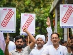 A protest being held over the alleged irregularities in NEET 2024 at Jantar Mantar. (Sanchit Khanna/HT Photo)