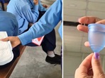 The image shows snippets from a viral video of Class 7 students explaining to their classmates how to use menstrual cups and sanitary napkins. The image shows snippets from a viral video of Class 7 students explaining to their classmates how to use menstrual cups and sanitary napkins.