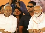 Prime Minister Narendra Modi with Bihar Chief Minister Nitish Kumar during a public meeting ahead of Lok Sabha elections, in Jamui, Thursday, April 4, 2024. 