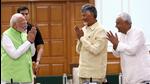 Prime Minister Narendra Modi (left) with TDP chief N Chandrababu Naidu (centre) and JD(U) chief Nitish Kumar during National Democratic Alliance (NDA) meeting at PM's residence, in New Delhi, on June 5. (PTI) Prime Minister Narendra Modi (left) with TDP chief N Chandrababu Naidu (centre) and JD(U) chief Nitish Kumar during National Democratic Alliance (NDA) meeting at PM's residence, in New Delhi, on June 5. (PTI)