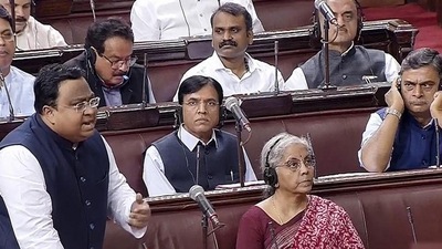 BJD MP Sasmit Patra speaks in the Rajya Sabha during the Monsoon session of Parliament. Sitting next to him is Finance Minister Nirmala Sitharaman(ANI photo) BJD MP Sasmit Patra speaks in the Rajya Sabha during the Monsoon session of Parliament. Sitting next to him is Finance Minister Nirmala Sitharaman(ANI photo)