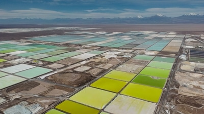 Pools of brine turn into lithium at the SQM mine in the San Pedro de Atacama desert of northern Chile. (Rodrigo Abd/AP) (AP) Pools of brine turn into lithium at the SQM mine in the San Pedro de Atacama desert of northern Chile. (Rodrigo Abd/AP) (AP)