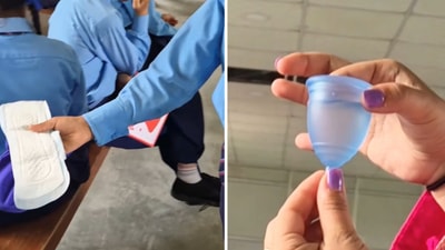 The image shows snippets from a viral video of Class 7 students explaining to their classmates how to use menstrual cups and sanitary napkins. (Instagram/@pyari.period)