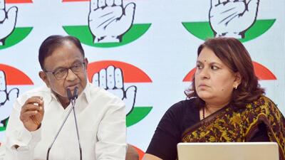 Former finance minister P Chidambaram and Congress leader Supriya Shrinate at a press conference on Budget 2024-25. (HT PHOTO) Former finance minister P Chidambaram and Congress leader Supriya Shrinate at a press conference on Budget 2024-25. (HT PHOTO)
