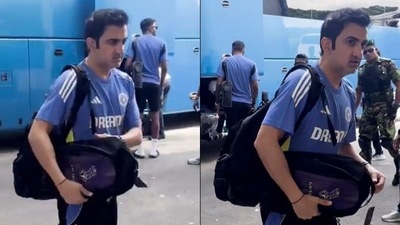 Gautam Gambhir carries a KKR bag on his first training session as India's head coach. (X Images)