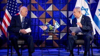 U.S. President Joe Biden, left, meets with Israeli Prime Minister Benjamin Netanyahu, right, to discuss the ongoing conflict between Israel and Hamas, (Reuters) (via REUTERS)