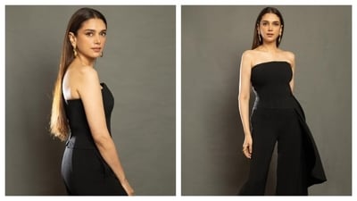 The jumpsuit is from Shantanu & Nikhil. The outfit also has flared pants that are wide-legged and flared from the knee down. A layer of fabric hangs from the waist, giving the illusion of a bow. (Instagram/@aditiraohydari) The jumpsuit is from Shantanu & Nikhil. The outfit also has flared pants that are wide-legged and flared from the knee down. A layer of fabric hangs from the waist, giving the illusion of a bow. (Instagram/@aditiraohydari)