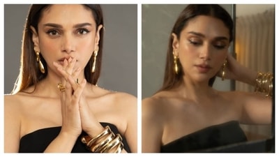 With all-black ensemble, she paired golden chunky bangles, rings and earrings to balance out the outfit and add more oomph. (Instagram/@aditiraohydari) With all-black ensemble, she paired golden chunky bangles, rings and earrings to balance out the outfit and add more oomph. (Instagram/@aditiraohydari)