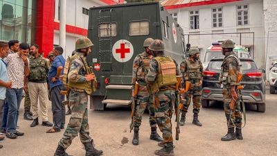 Army personnel at a hospital after a soldier was injured in the exchange of fire with terrorists who were trying to infiltrate into Indian territory, in Poonch district, Tuesday, (PTI)
