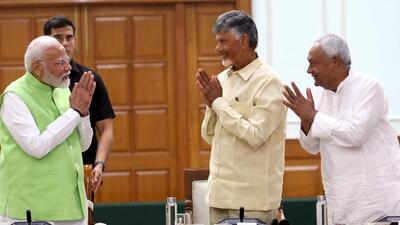 Prime Minister Narendra Modi (left) with TDP chief N Chandrababu Naidu (centre) and JD(U) chief Nitish Kumar during National Democratic Alliance (NDA) meeting at PM's residence, in New Delhi, on June 5. (PTI) Prime Minister Narendra Modi (left) with TDP chief N Chandrababu Naidu (centre) and JD(U) chief Nitish Kumar during National Democratic Alliance (NDA) meeting at PM's residence, in New Delhi, on June 5. (PTI)