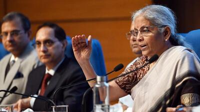 Union Finance Minister Nirmala Sitharaman addresses post budget press conference at National Media Centre, in New Delhi, India, on Tuesday. (Hindustan Times) Union Finance Minister Nirmala Sitharaman addresses post budget press conference at National Media Centre, in New Delhi, India, on Tuesday. (Hindustan Times)