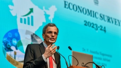 Chief economic adviser to the Government of India, Dr V. Anantha Nageswaran addresses the press conference after tabling the Economic Survey 2023-24 in Parliament during the Monsoon Session, at the National Media Centre in New Delhi on Monday. (ANI) Chief economic adviser to the Government of India, Dr V. Anantha Nageswaran addresses the press conference after tabling the Economic Survey 2023-24 in Parliament during the Monsoon Session, at the National Media Centre in New Delhi on Monday. (ANI)