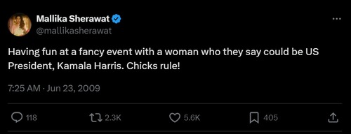 Mallika Sherawat tweeted about Kamala Harris back in 2009. Mallika Sherawat tweeted about Kamala Harris back in 2009.