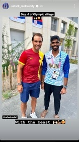 Satwik managed to meet the Spanish superstar on his first day at the Olympic Village (Satwiksairaj Rankireddy Instagram) Satwik managed to meet the Spanish superstar on his first day at the Olympic Village (Satwiksairaj Rankireddy Instagram)