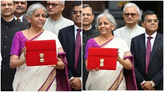 Nirmala Sitharaman posed with a tablet in a traditional bahi khata-styled pouch, dressed in an elegant beige saree adorned with purple borders, and paired with a matching purple blouse. This look came ahead of the Union Budget 2024-25, following the tabling of the Economic Survey.