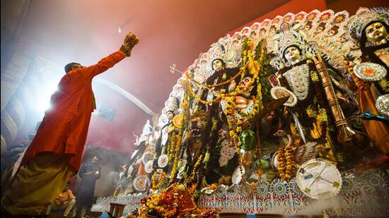 A view of an idol of Goddess Durga at a Puja pandal. (HT File Photo)