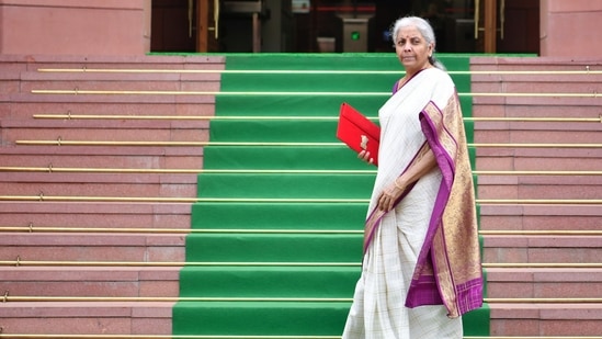 Union Budget 2024: Union finance minister Nirmala Sitharaman with the Budget tablet arrives at the Parliament to present the Union Budget 2024-25 during the Monsoon Session, in New Delhi on Tuesday. (ANI/Rahul Singh)