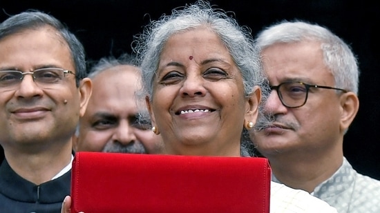 Budget Speech 2024 LIVE Updates: Union Finance Minister Nirmala Sitharaman shows the Budget tablet.