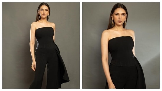 Draped in simplicity, Aditi exudes grace in this minimalistic black jumpsuit. With a strapless bodice and straight-across neckline, the dress stands out without the need for any embellishments or patterns. Cinched at the waist, the outfit gives a seamless hourglass shape. The jumpsuit is a sophisticated and chic choice for a formal event like an award show.(Instagram/@aditiraohydari)