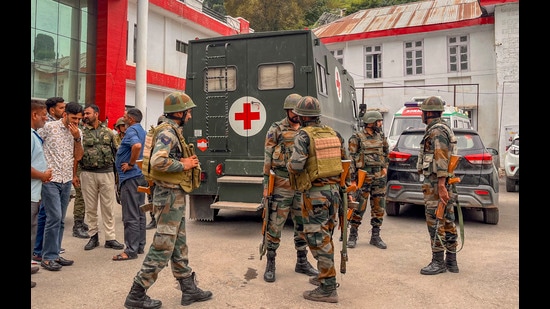 Army personnel at a hospital after a soldier was injured in the exchange of fire with terrorists who were trying to infiltrate into Indian territory, in Poonch district on Tuesday. (PTI)