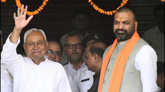 Bihar chief minister Nitish Kumar with deputy CM Samrat Choudhary at the state legislative assembly in Patna. (Santosh Kumar/ HT Photo)