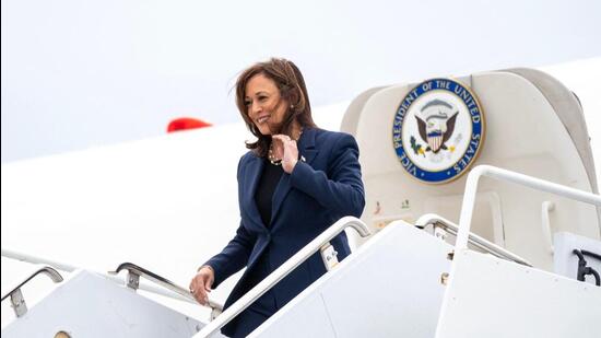 Democratic presidential candidate, US Vice-President Kamala Harris disembarks Air Force Two at the Milwaukee Mitchell International Airport in Milwaukee, Wisconsin, on Tuesday. (AFP)
