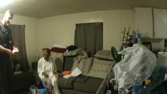 In this image taken from Illinois State Police body camera video, Sonya Massey, second from left, talks with former Sangamon County Sheriff’s Deputy Sean Grayson inside her home in Springfield, Ill., July 6, 2024 (Illinois State Police via AP)(AP)