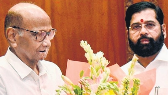 Mumbai, July 22 (ANI): Maharashtra CM Eknath Shinde meets NCP-SCP chief Sharad Pawar in Mumbai on Monday. (ANI Photo) (ANI X)