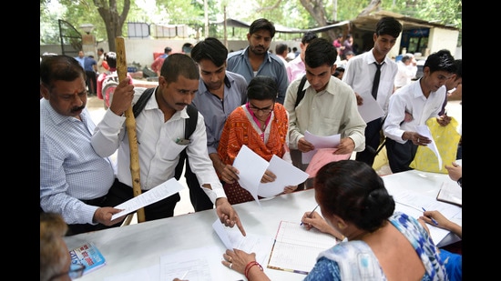 New Delhi, India - Aug. 3, 2018: Candidates register for jobs during Job Fair organised by Delhi Government especially for differently abled people, at Employment Exchange Office, Pusa, in New Delhi, India, on Friday, August 3, 2018. (Photo by Sanchit Khanna / Hindustan Times) (Sanchit Khanna/HT PHOTO)